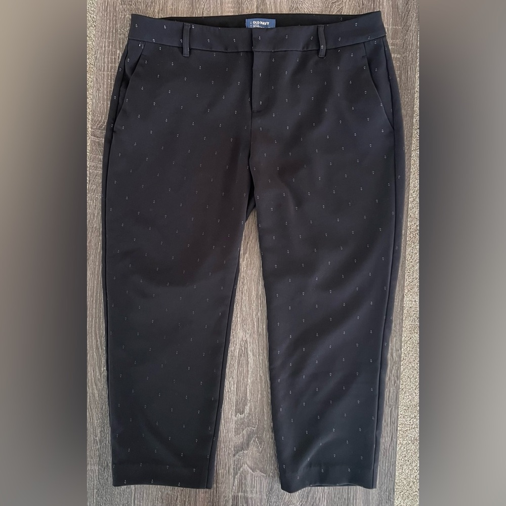 Old Navy Black Harper Mid-Rise Trousers with Blue Anchor Pattern | Size 14